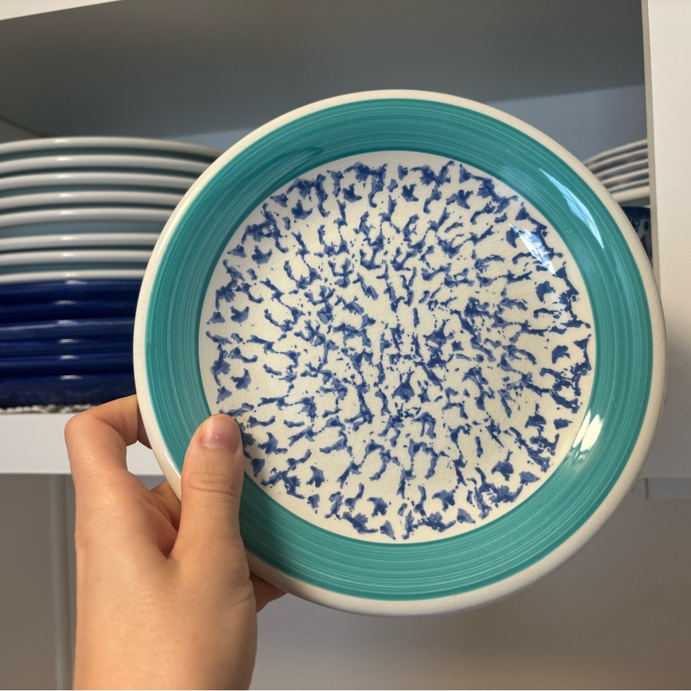 Blue Speckle Ceramic Plate with Teal Rim